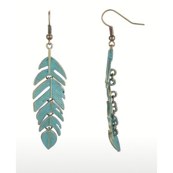 "Miami Beach Palm Leaf" Bohemian Long Copper Green Leaf Earrings - Picture 2 of 4